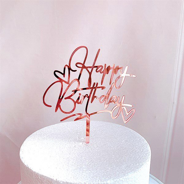 Que topper HPBD mica chữ uốn + 2 tim hồng_Phụ kiện trang trí bánh sinh nhật