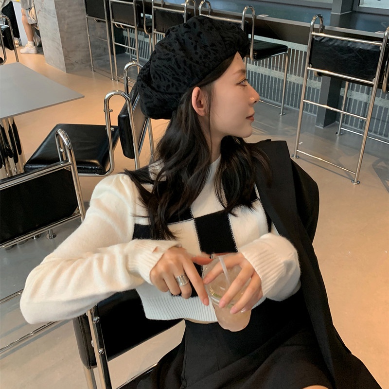 SUXI Áo sweater dệt kim tay dài lưng cao kẻ caro phong cách Hàn Quốc cá tính cho nữ