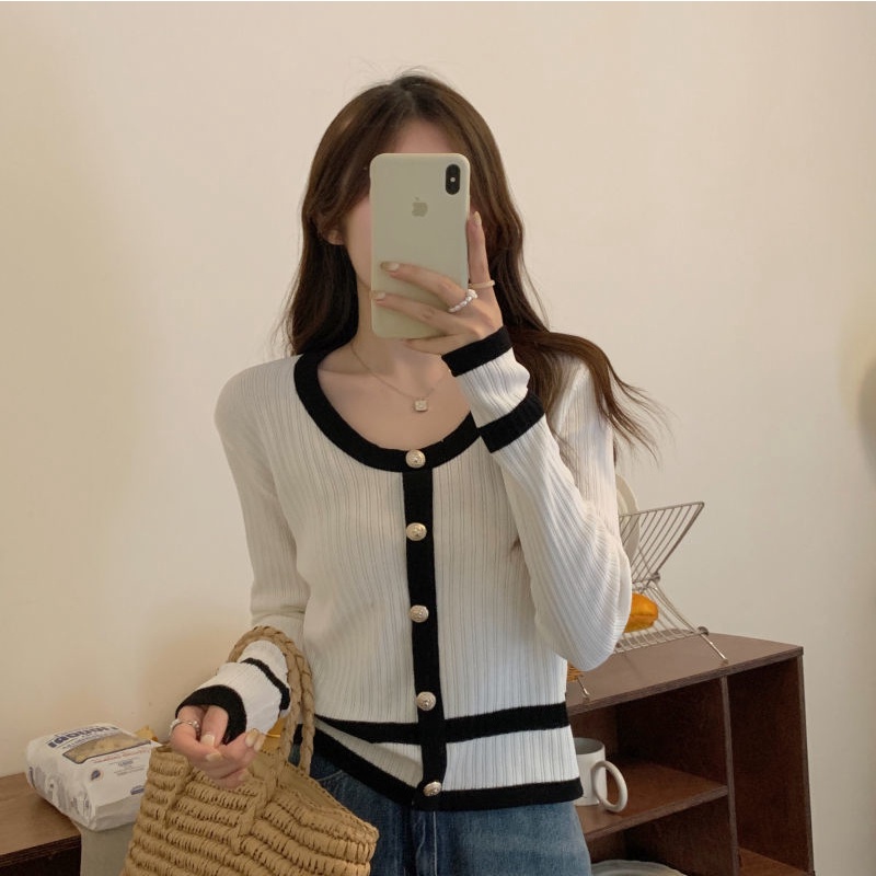 Áo Sweater Tay Dài Cổ Tròn Phối Màu Tương Phản Trẻ Trung Phong Cách Hàn Quốc