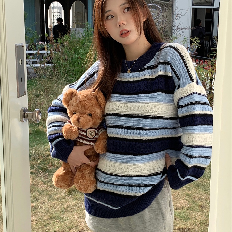 SUXI Áo Sweater Dệt Kim Cổ Tròn Hoạ Tiết Kẻ Sọc Cho Phái Nữ
