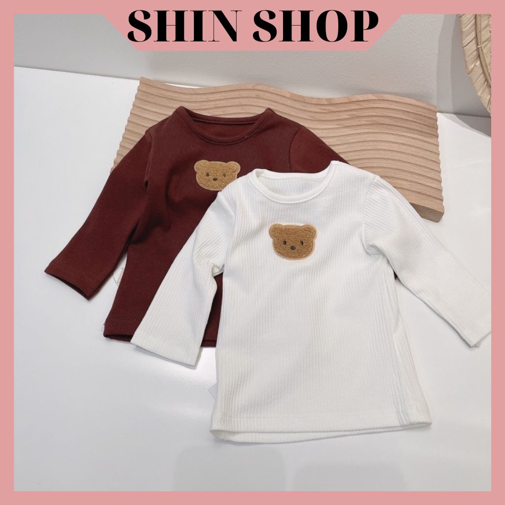 Áo thun dài tay chất liệu cotton đính nơ hình con gấu cho bé trai và bé gái từ 8kg đến 12kg Shinshop QA32