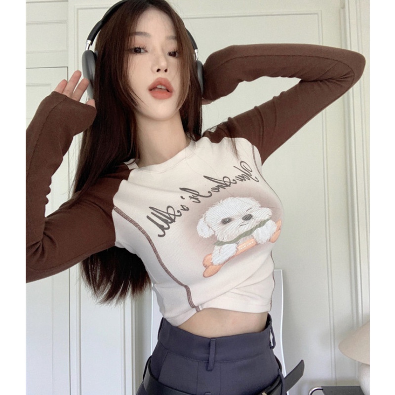 Áo Thun Tay Dài Dáng Ôm Hở Rốn In Họa Tiết Chú Cún Thời Trang Cho Tuổi Teen