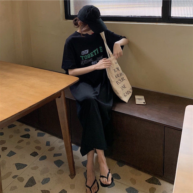 Đầm Thun Tay Ngắn Dáng Rộng In Chữ Thời Trang Cho Nữ