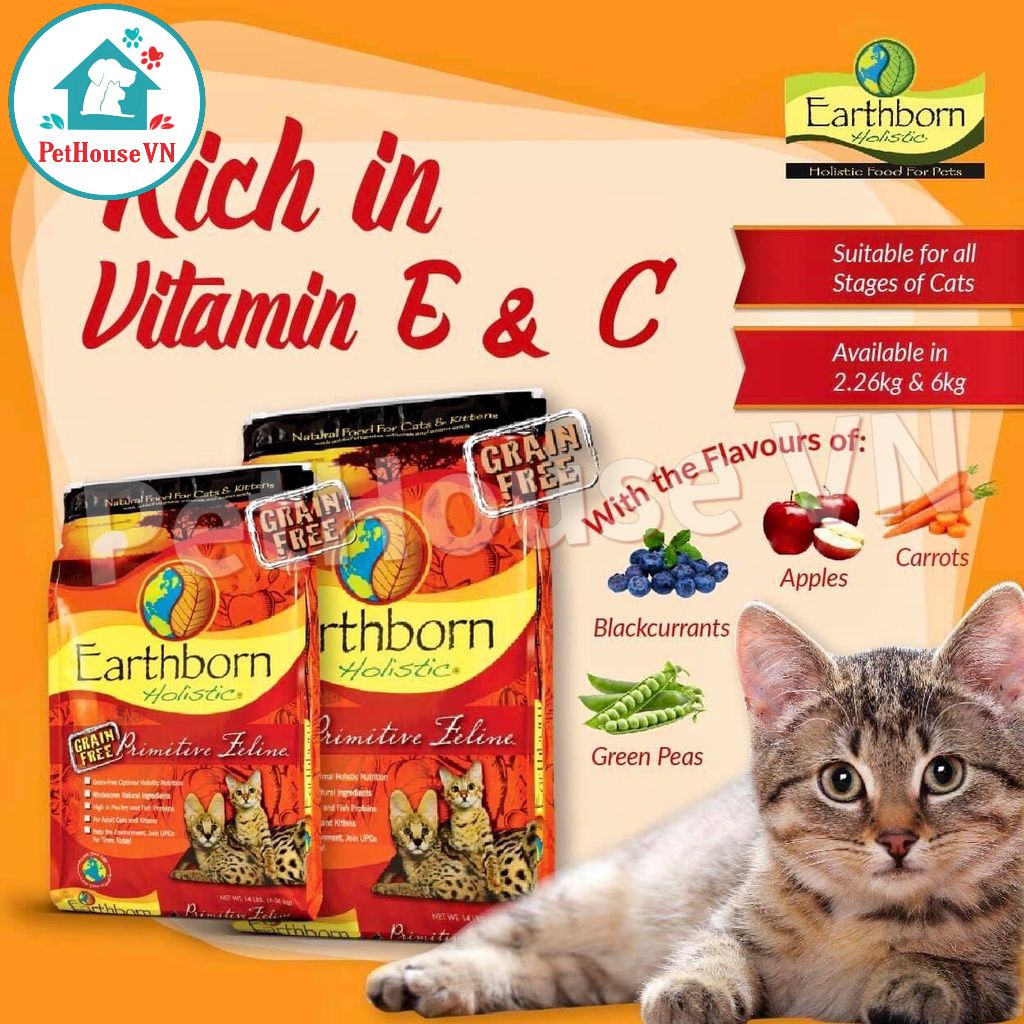 EARTHBORN PRIMITIVE FELINE - Túi 50G Thức Ăn Hạt Cho Mèo Và Mèo Con Vị Gà, Cá Hồi & Cá Trích Hàng Chính Hãng