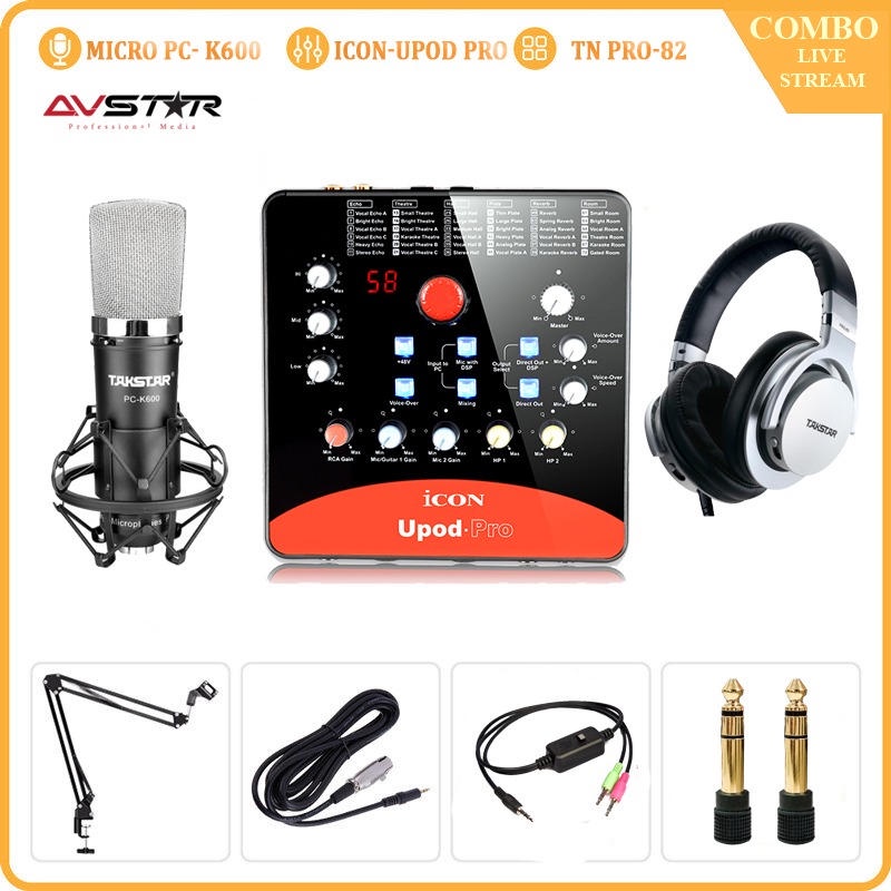 Bộ Mic Livestream Hát Karaoke Đầy Đủ Sound Card Icon Upod Pro, Mic Takstar PC-K600, Tai Nghe Takstar PRO 82 &amp; Phụ Kiện