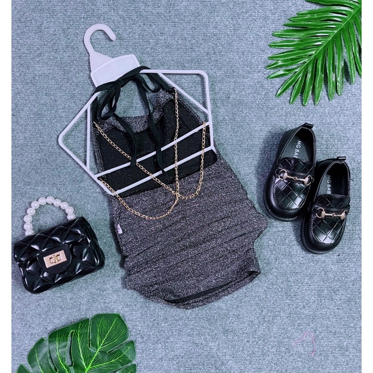 Đầm Body Nhũ Kim Tuyến Sang Trọng Hở Lưnh Xích Chéo Cho Bé