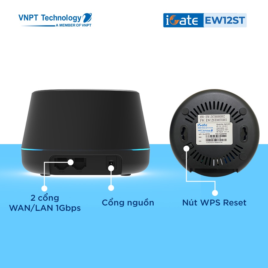 Hệ thống WiFi Mesh VNPT Technology iGate EW12ST (3-pack) 2 băng tần chuẩn AC tốc độ cao có thể treo trần treo tường