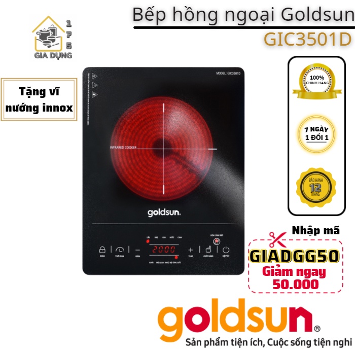 Bếp hồng ngoại Goldsun GIC3501D công suất 2000W(Tặng kèm vỉ nướng inox) – Bảo hành 12 tháng CHÍNH HÃNG 7 ngày 1 đổi1