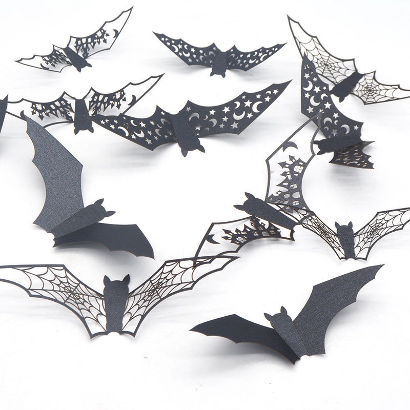 Set 12 Miếng Dán Tường Trang Trí Halloween Hình Mặt Trăng / Ngôi Sao Màu Đen