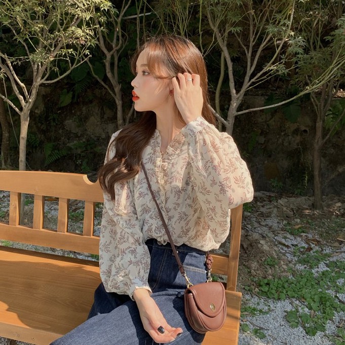 Xiaozhainv Áo Sơ Mi Voan Tay Dài Cổ Chữ V Phối Bèo Họa Tiết Hoa Phong Cách Hàn Quốc