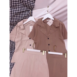 Set Áo Cổ Vest Mix + Chân Váy Dài Midi Nude - Bộ đồ nữ thời trang mix sẵn Áo cổ vest + chân váy chữ A dài vintag