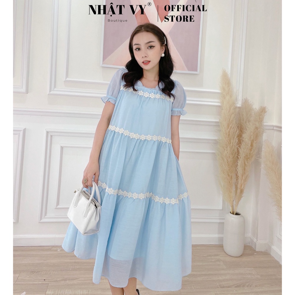 Đầm Đi Chơi NHẬT VY Trơn Đính Hoa Dáng Suông Cổ Tròn Tay Phồng Bo Thun Chất Voan Xốp Màu Xanh, Cam - D2368