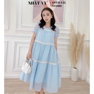 Đầm Đi Chơi NHẬT VY Trơn Đính Hoa Dáng Suông Cổ Tròn Tay Phồng Bo Thun Chất Voan Xốp Màu Xanh, Cam - D2368