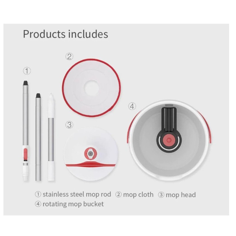 Bộ cây lau nhà thông minh XIAOMI Yijie Rotary Mop Set YD-02 Red Gray Cloth