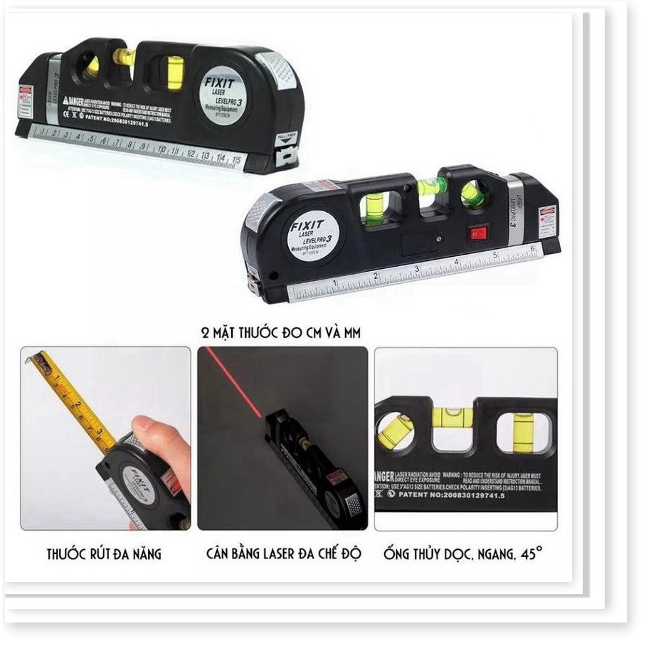 Thước Nivo, Cân Mực Laser - Thước Kéo 2.5m Nội Thất Laser Level Pro 3 (Kèm pin)