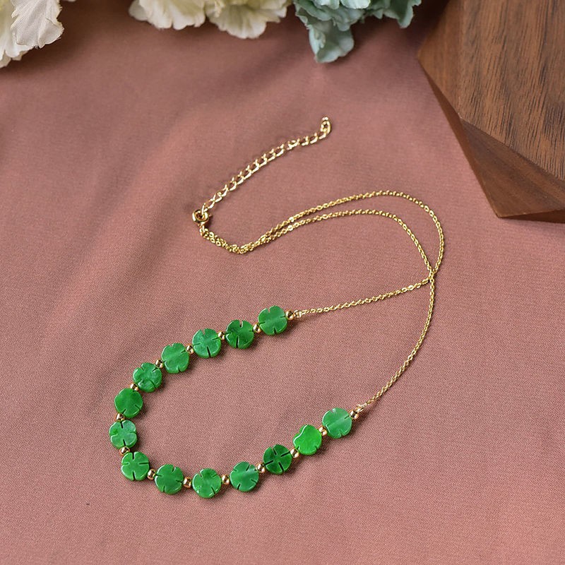 vòng cổ Ngọc Bích Tự Nhiên Hình Cỏ Bốn Lá 14k Có Thể Điều Chỉnh