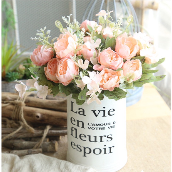 Hoa giả- Hoa lụa cao cấp trang trí nhà cửa [ 1 cành 6 bông cao 27cm mô phỏng mẫu đơn nhỏ]