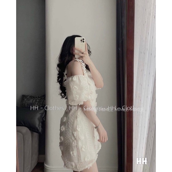 Áo yếm hở vai tay bồng set kèm chân váy vải hong bông