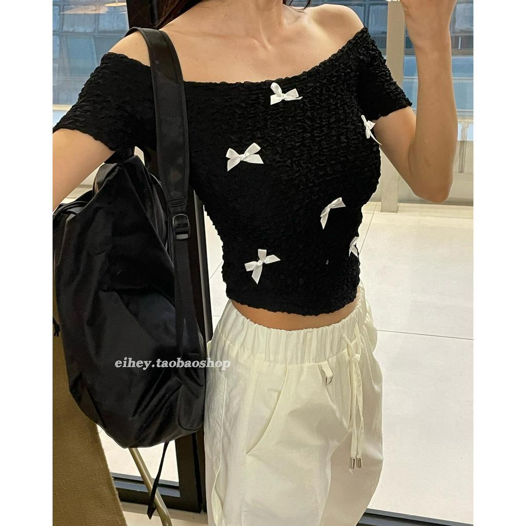Áo trễ vai Ribbon croptop vải nhún đính nơ dễ thương CÓ HÌNH THẬT