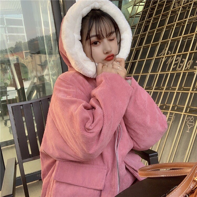 Áo khoác bông nhung gân hồng có mũ