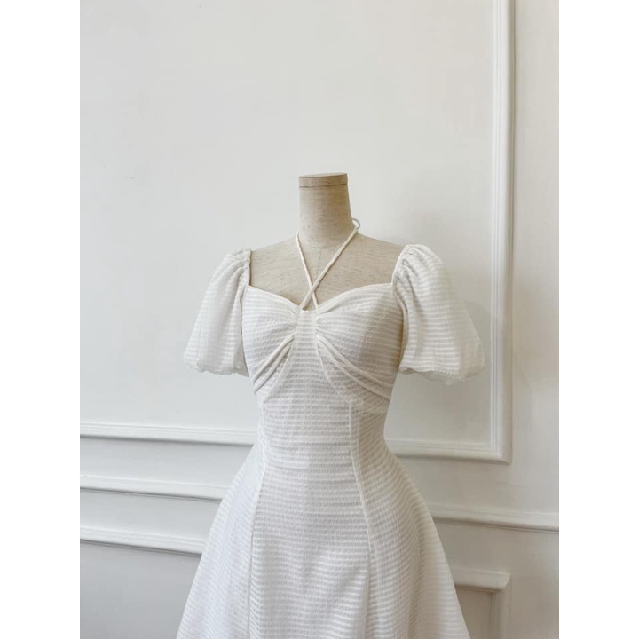 [HÀNG THIẾT KẾ CAO CẤP] Đầm Xòe Tay Phồng Cổ Chéo Vải Xốp Đi Tiệc / Du Lịch Dễ Thương Màu Trắng