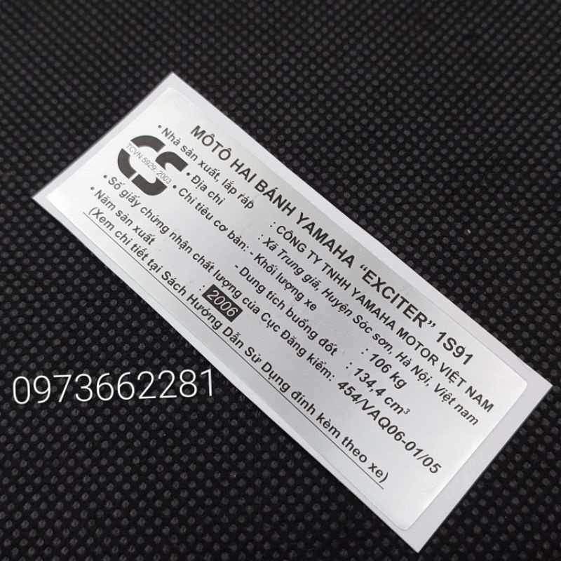 Tem dán càng gắp EXCITER 2006.1S91, Tem thông số năm Sản xuất