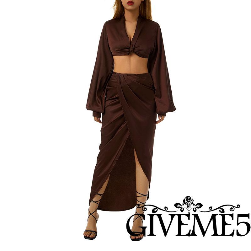 Set đồ 2 món áo croptop tay dài phồng + chân váy lưng cao xẻ tà màu trơn gợi cảm cho nữ