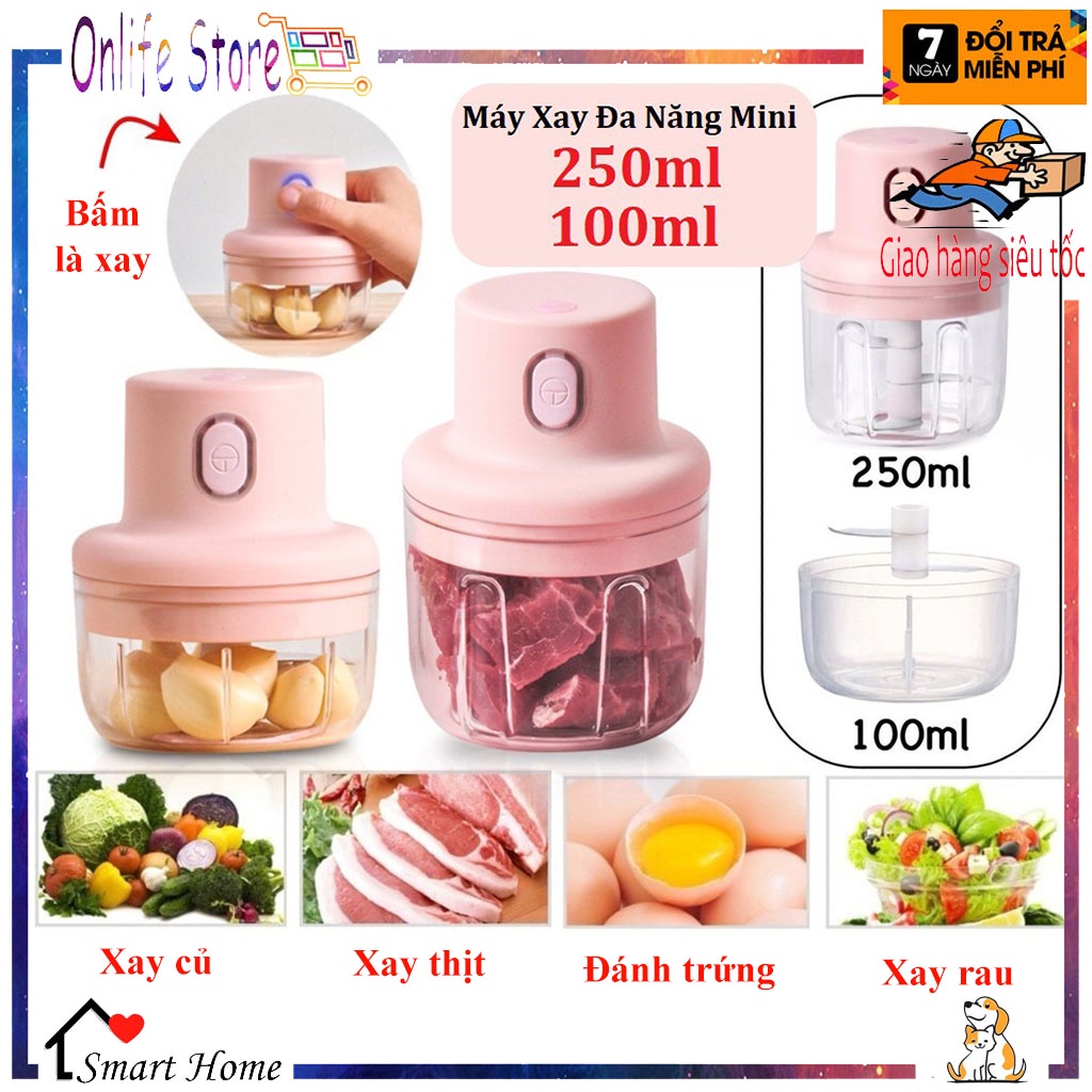 Máy xay tỏi ớt mini 250ml cầm tay tiện lợi, Xay sinh tố mini 3 lưỡi sắc bén có thể sạc pin