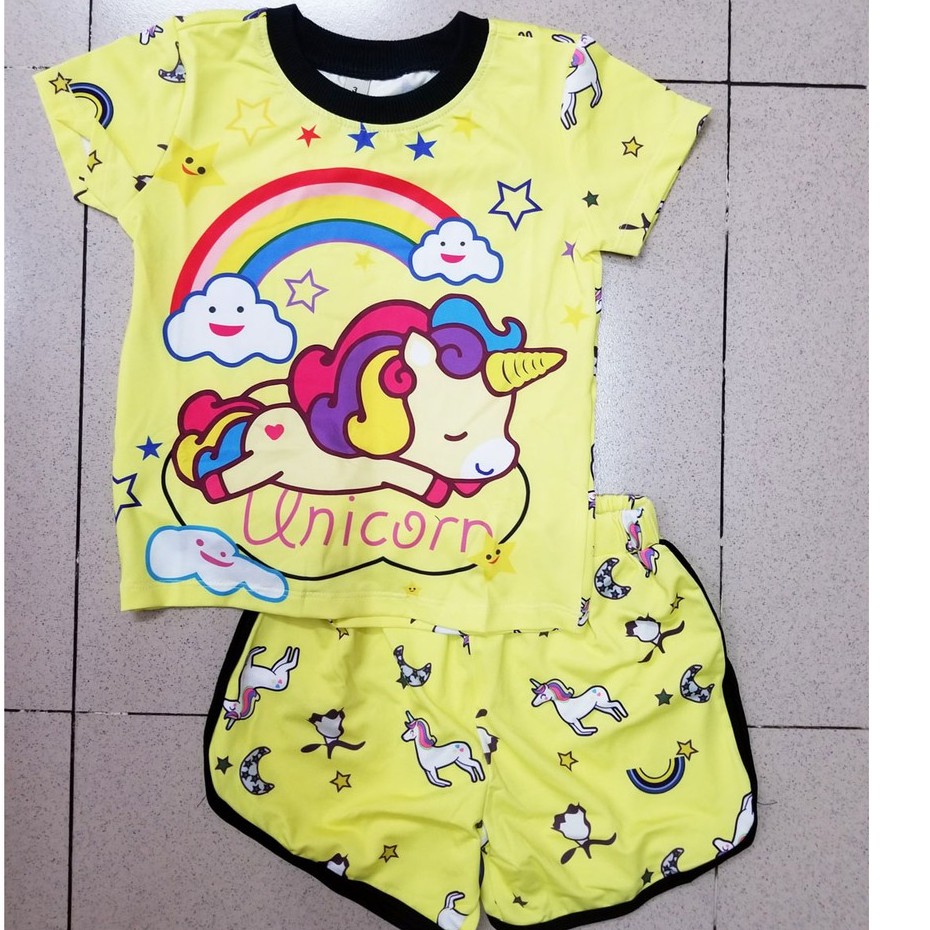 Bộ thun cotton lạnh mát in ngựa unicorn cầu vồng bé gái