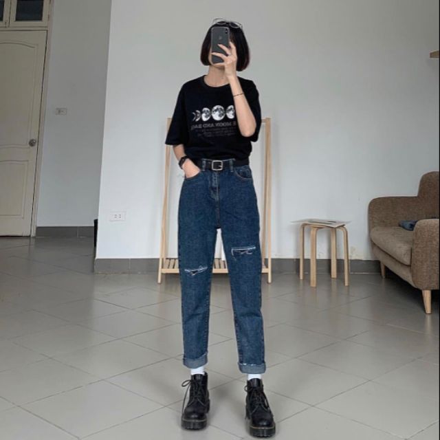 Baggy jeans nữ xanh đậm rách gối