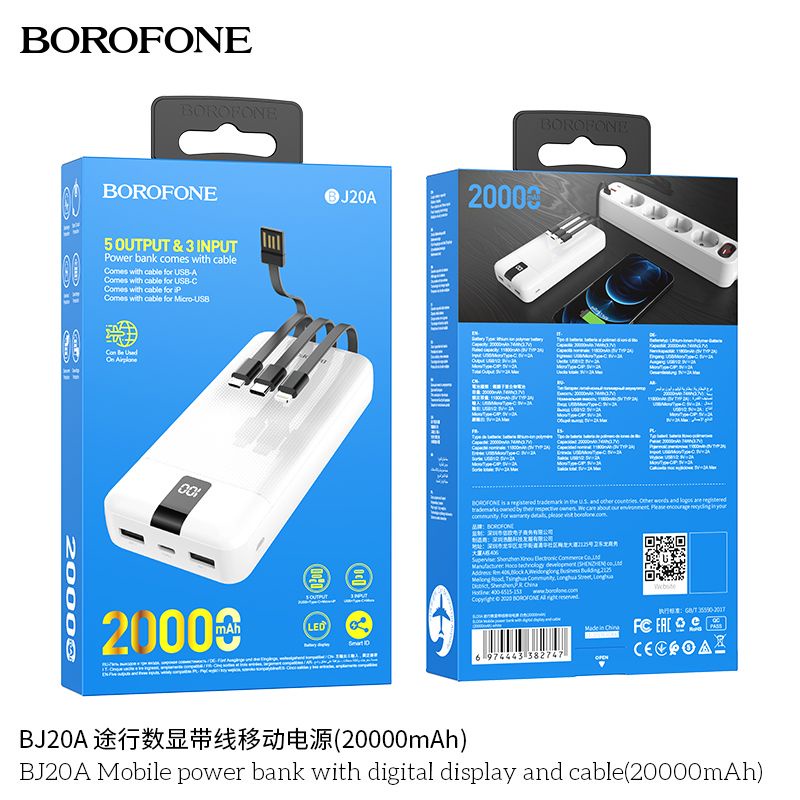 (Chính hãng) Pin sạc dự phòng borofone bj20a - 20.000 mah , có lcd , tích hợp sẵn 3 đầu cáp sạc nhanh