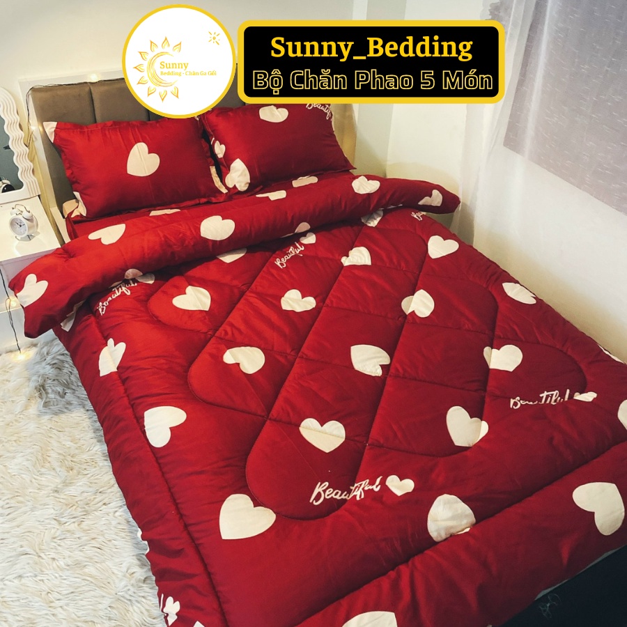 Bộ Chăn Phao Cotton Poly Họa Tiết Tim Đỏ - Chăn Dày Dặn Sẵn Ruột