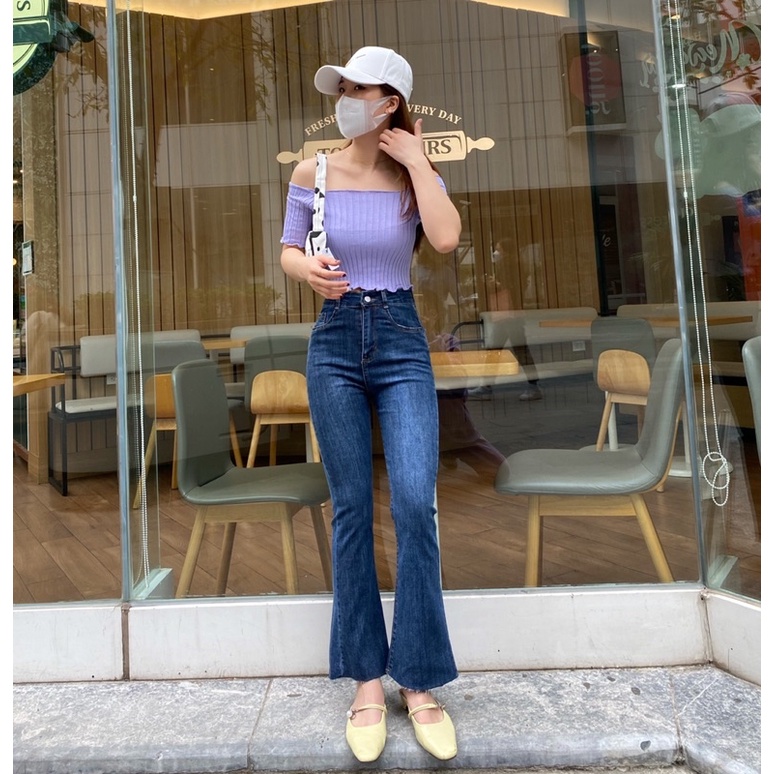 Quần Jeans Ống Loe Cạp Cao cắt Gấu Chất co dãn cực tôn dáng có gấu - Ảnh Thật Lu chụp