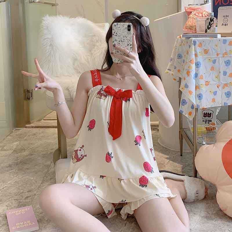 Herbe 'S Secret  Bộ Đồ Ngủ Hai Mảnh Áo Hai Dây Cotton Lụa Mỏng Có Hương Thơm Nhỏ Thời Trang Mùa Hè Dành Cho Bạn Nữ Mặc