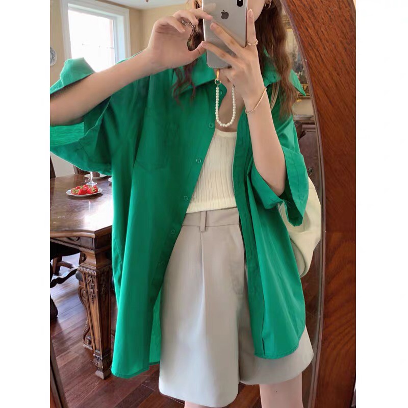 Áo Sơ Mi Nữ Labobo Áo Sơ Mi Nữ Kiểu Dáng Oversize Form Rộng Tay ngắn Vintage Đẹp Kiểu Hàn Quốc xanh