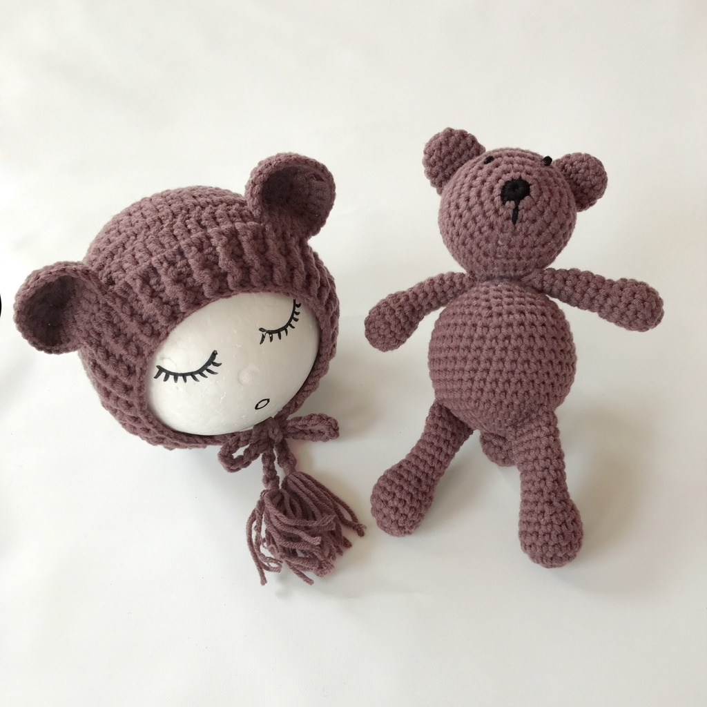 Set mũ và thú bông Gấu Cute bằng len đáng yêu phụ kiện chụp ảnh cho bé 0-6 tháng