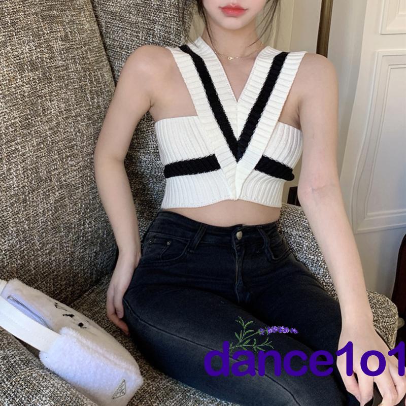 ★Cd☏Áo Dệt Kim Sát Nách Cổ Chữ V Màu Sắc Tương Phản Thời Trang Mùa Hè Cho Nữ