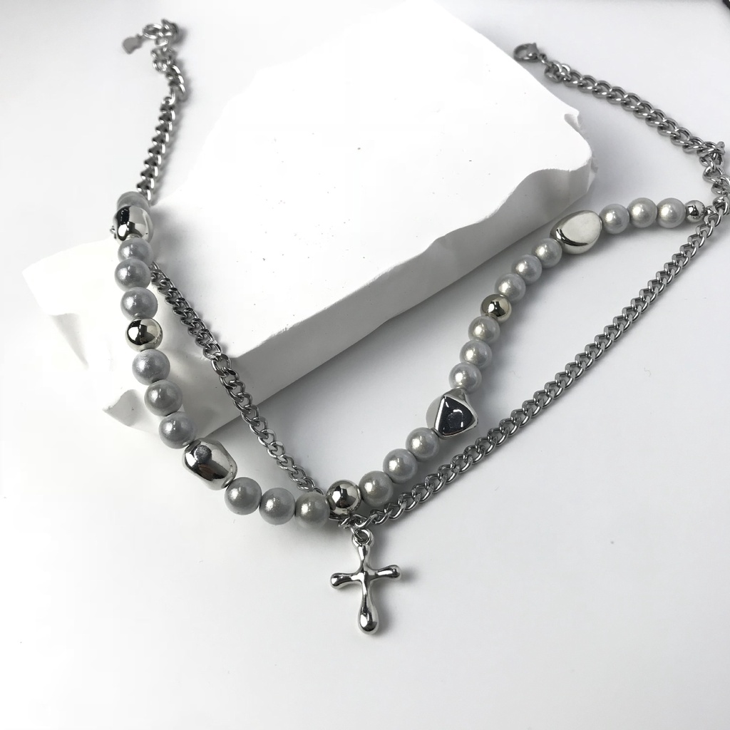 Vòng cổ Thép Titan Mặt Hình Thánh Giá Đính Ngọc Trai Phản Quang Phong Cách hip hop