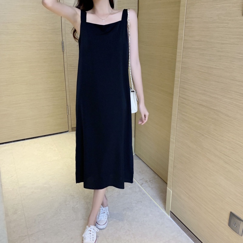 Váy Voan Trơn 165456 Đầm Hai Dây Dài Qua Gối Xẻ Tà Thời Trang Dành Cho Nữ