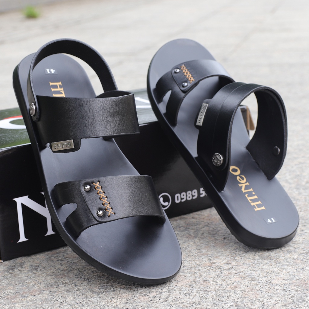 Sandal nam da bò màu nâu, đế cao su - HT.NeO