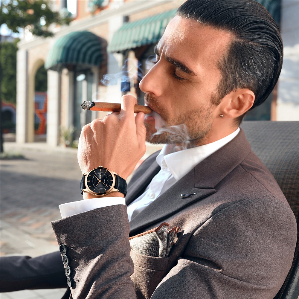 (NEW) Đồng hồ nam Ontheedge R08 full box có lịch thứ ngày dây da cao cấp + Tặng 2 viên pin Nhật | BigBuy360 - bigbuy360.vn