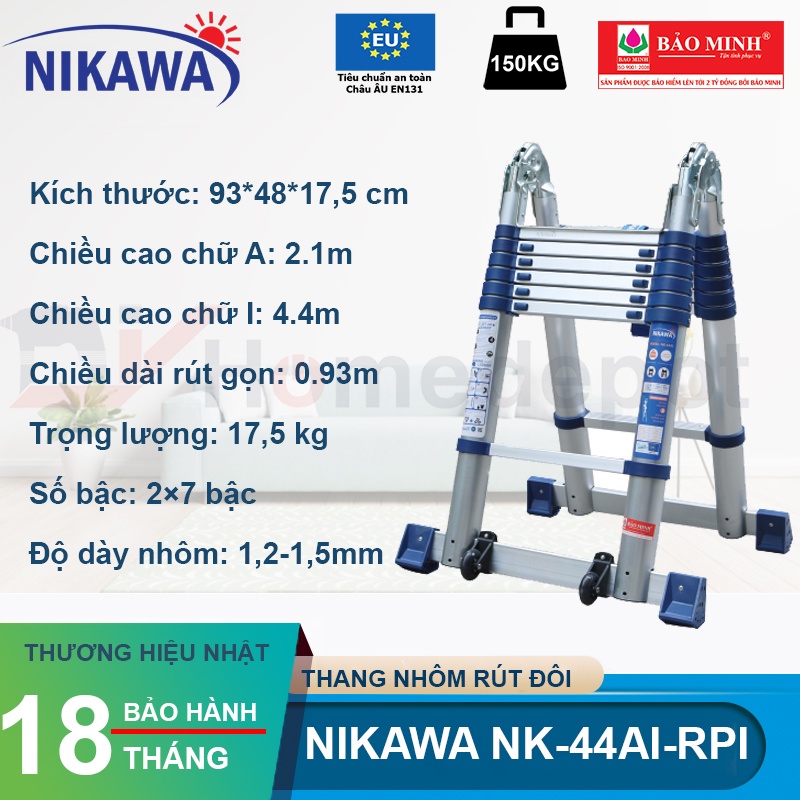 Thang nhôm rút đôi chữ A Nikawa NK-44AI-Pri, 7 bậc, 2.1m nhập khẩu Nhật Bản, bảo hành 18 tháng