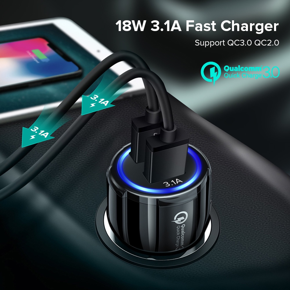 Cốc Sạc Điện Thoại Nhanh QC 18W Cổng USB Kép Có Đèn LED Cho Xe Hơi