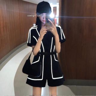 Bộ Áo Liền Quần Hai Dây Màu Đen Phản Quang Ôm Eo Phong Cách Retro Hong Kong Dành Cho Nữ