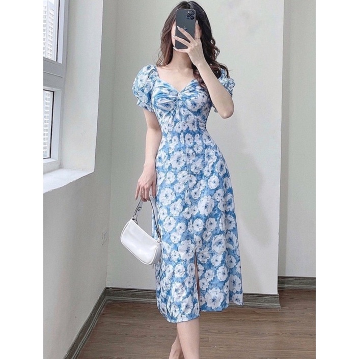 Váy Đầm Nữ , Váy Hoa Đi Biển Bigsize Xoắn Ngực Tay Ngắn Xẻ Đùi Che Khuyết Điểm Cho Người Mập 50.90kg