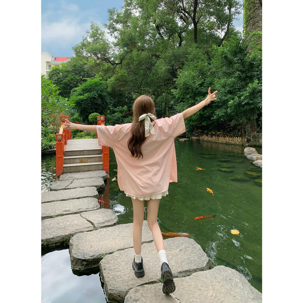 QOEDDV Áo Sơ Mi Babydoll Tay Ngắn Chống Nắng Cổ Polo Cài Nút Đĩa Màu Hồng Đào Trung Hoa Giản Dị Mùa Hè Mới Dành Cho Bạn Nữ