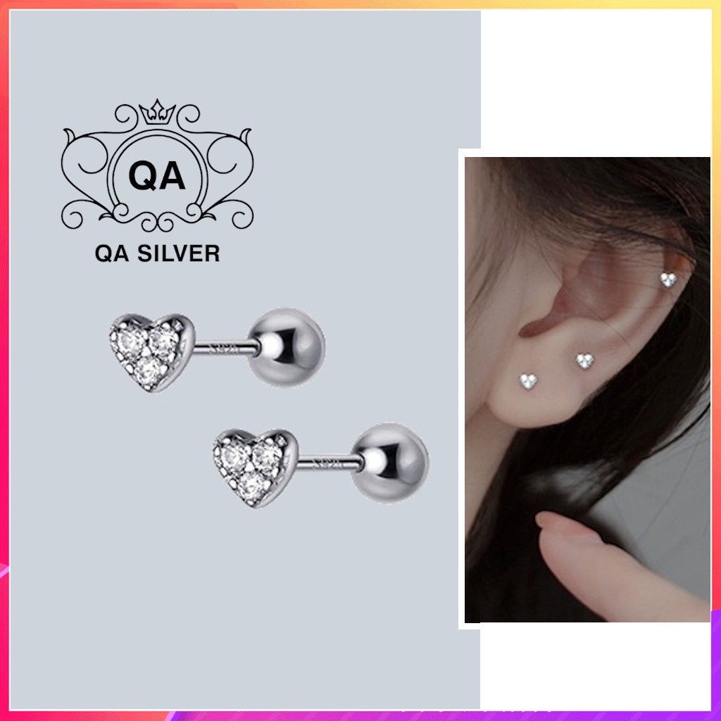 Khuyên tai bạc trái tim đính đá bông tai bạc chốt bi vặn tròn ren xoắn S925 HEART Silver Earrings QA SILVER EA191002