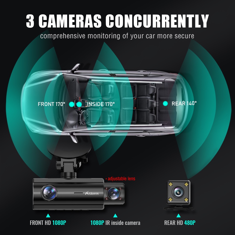 Camera hành trình ASAWIN T3 Fhd 1080P+1080P+480P 3 kênh phía trước và phía sau giám sát cho ô tô/ xe tắc xi Uber