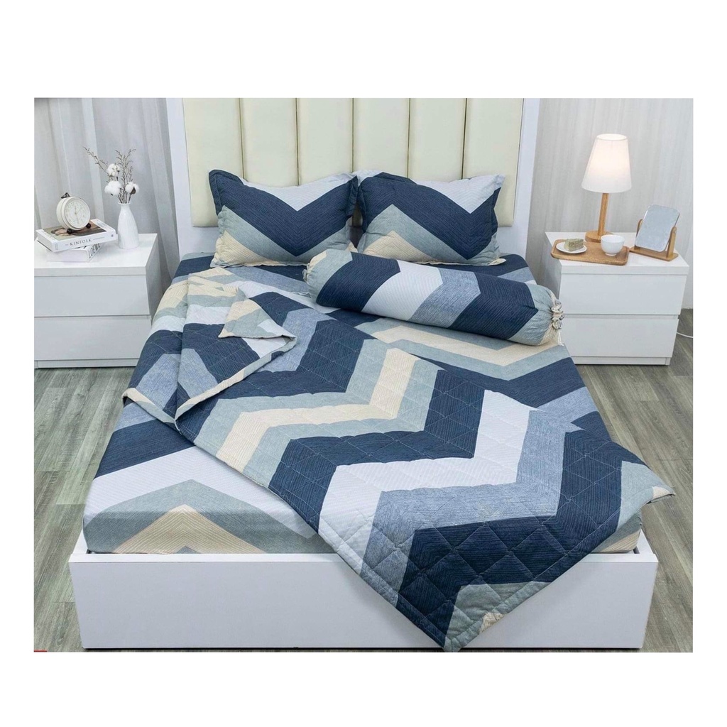 Bộ chăn ga zic zac xanh than Cotton Poly miễn phí bo chun ga giường