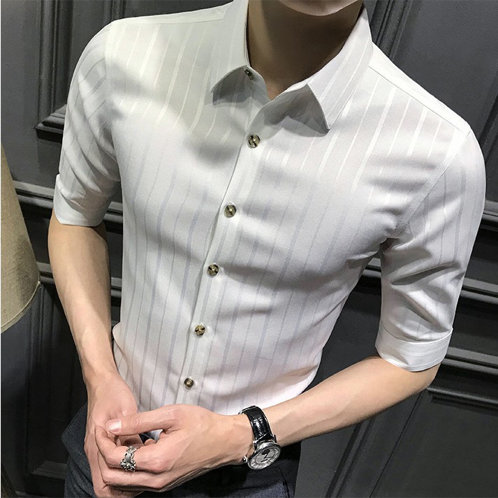 【Non-iron shirt】Men Formal Button Smart Casual Long Sleeve Slim Fit Suit Shirt Men's striped shirt Korean slim trend long sleeve shirt ruffian handsome business non iron white inch shirt casual Quarter Sleeve